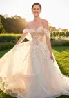 Mgny Madeline Gardner New York 2716 Long 3d Floral Lace A Line Wedding Dress In Neutral
