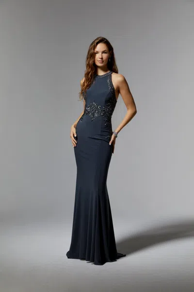 Mgny Madeline Gardner New York 71625 Long Halter Fitted Evening Gown In Blue
