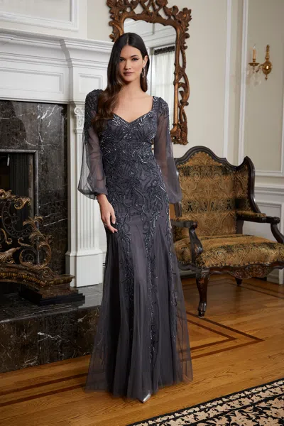 Mgny Madeline Gardner New York 72820 Long Sleeve Formal Evening Dress In Gray