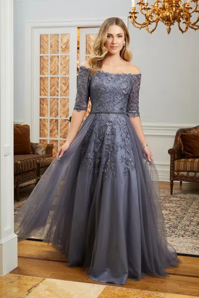 Mgny Madeline Gardner New York 72834 Long Formal Gown With Detachable Overskirt In Gray