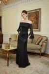 Mgny Madeline Gardner New York 72842 Long Formal Sequin Dress With Feathers In Black