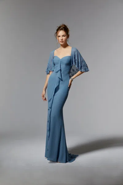 Mgny Madeline Gardner New York 72901 Long Formal Beaded Capelet Dress In Blue