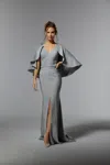 Mgny Madeline Gardner New York 72914 Evening Long Dress With Detachable Cape In Gray