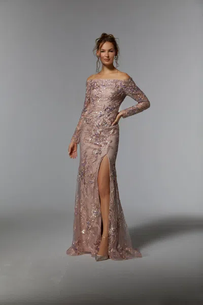Mgny Madeline Gardner New York 72938 Long Sleeve Formal Evening Gown In Purple