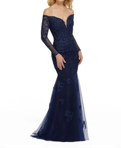 Mgny Metallic Lace Trumpet Dress In Navy In Blue