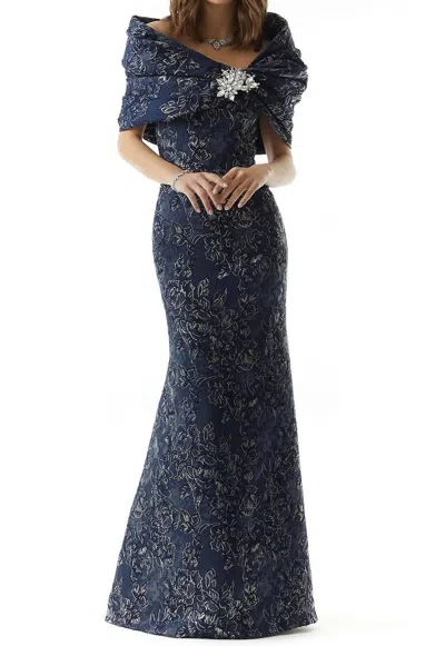 Mgny Metallic Mermaid Evening Maxi Dress In Navy Gold In Blue