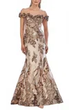 Mgny Off The Shoulder Jacquard Gown In Rose Gold In Neutral