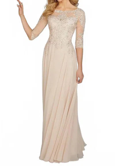 Mgny Quarter Sleeve A-line Formal Maxi Dress In Champagne In Neutral
