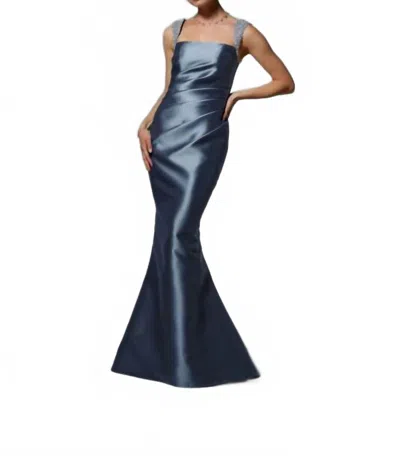 Mgny Satin Square Neck Draped Bodice Dress In Slate In Gray