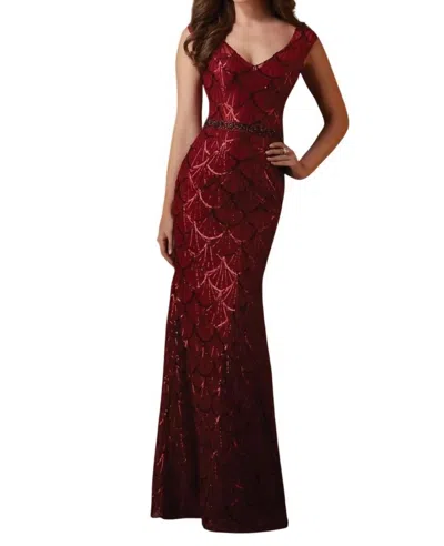 Mgny Sequined Mesh Dress Vneck Beaded Belt In Wine In Pink