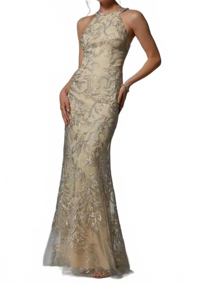 Mgny Sleeveless Halter Neck Evening Maxi Dress In Champagne In White