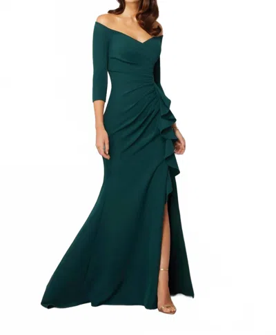 Mgny Slit Skirt Three Quarter Sleeve Dress In Emerald In Gold