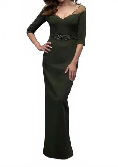 Mgny Three-quarter Sleeve Crepe Column Gown In Forest Green In Black