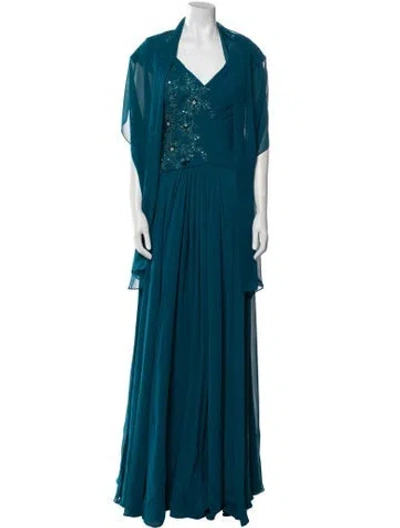 Pre-owned Mgny V-neck Long Dress In Blue