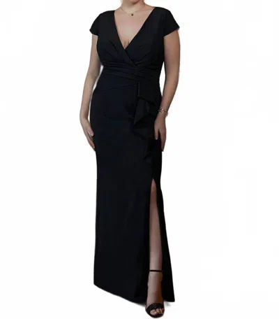 Mgny V-neck Wrapped Stretch Crepe Gown In Black