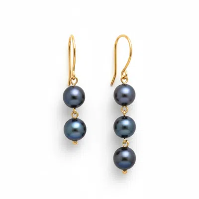 Mhart Women's Gold Stainless Steel Asymmetrical Black Pearl Drop Earrings