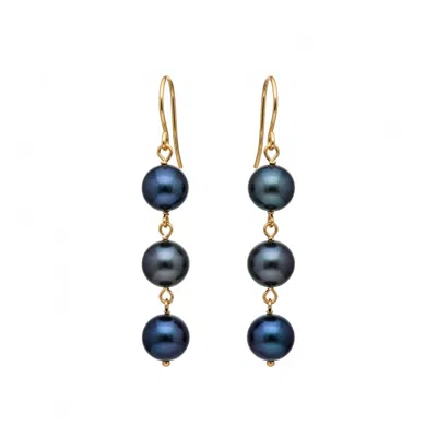 Mhart Women's Gold Stainless Steel Triple Black Pearl Drop Earrings In Blue