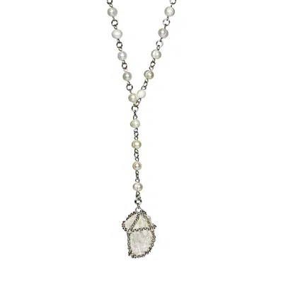 Mhart Women's Silver Caged Quartz Pearl Lariat