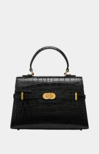 Mi Bolsa London Kensington Croc Embossed Leather Top Handle Bag In Black