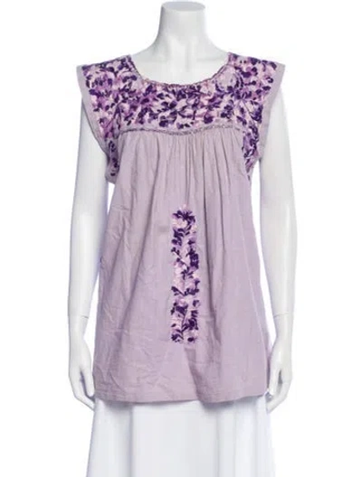 Pre-owned Mi Golondrina Floral Print Bateau Neckline Blouse In Purple