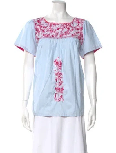 Pre-owned Mi Golondrina Floral Print Crew Neck Blouse In Blue