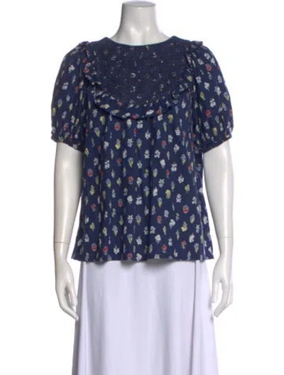 Pre-owned Mi Golondrina Floral Print Crew Neck Blouse In Blue