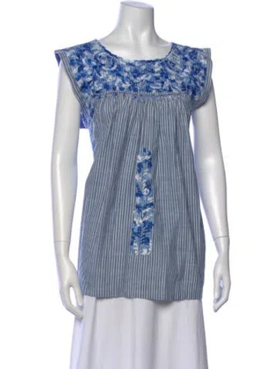 Pre-owned Mi Golondrina Floral Print Crew Neck Blouse In Blue