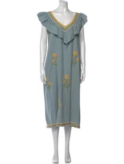 Pre-owned Mi Golondrina Floral Print Long Dress In Blue