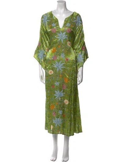 Pre-owned Mi Golondrina Floral Print Long Dress In Green