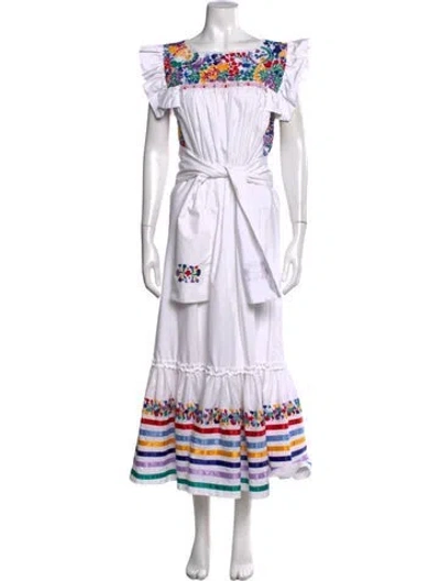 Pre-owned Mi Golondrina Floral Print Long Dress In White