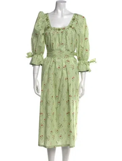 Pre-owned Mi Golondrina Floral Print Midi Length Dress In Green