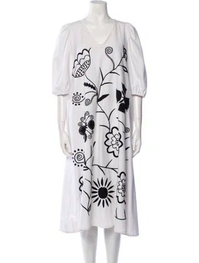 Pre-owned Mi Golondrina Floral Print Midi Length Dress In White