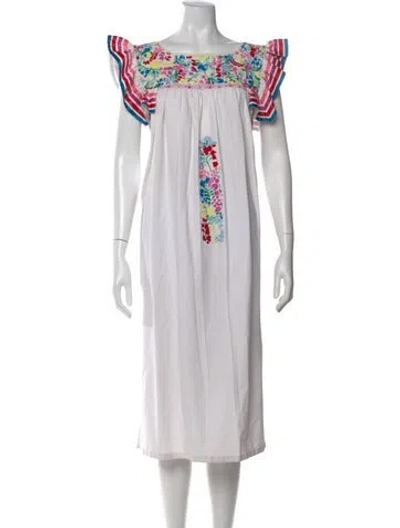 Pre-owned Mi Golondrina Floral Print Midi Length Dress In White