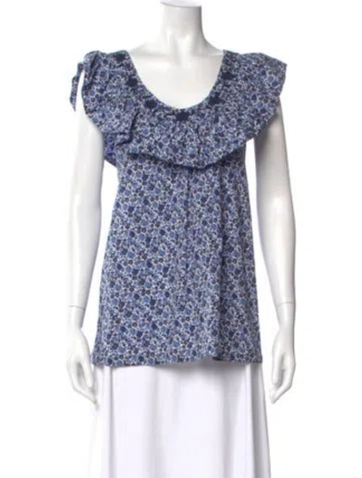 Pre-owned Mi Golondrina Floral Print Scoop Neck Blouse In Blue