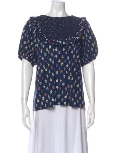Pre-owned Mi Golondrina Floral Print Scoop Neck Blouse In Blue
