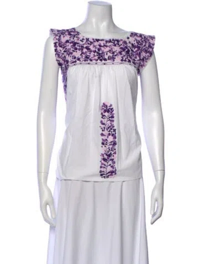 Pre-owned Mi Golondrina Floral Print Scoop Neck Blouse In White
