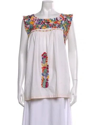 Pre-owned Mi Golondrina Floral Print Scoop Neck Blouse In White