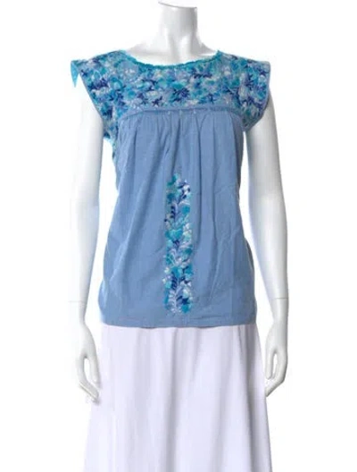Pre-owned Mi Golondrina Floral Print Scoop Neck Top In Blue