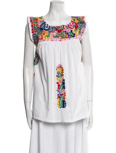 Pre-owned Mi Golondrina Floral Print Scoop Neck Top In White