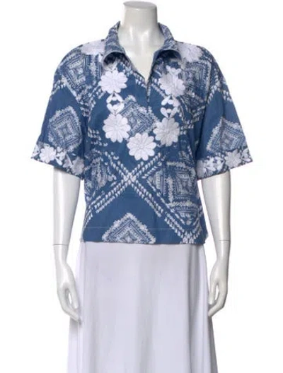 Pre-owned Mi Golondrina Floral Print Short Sleeve Blouse In Blue