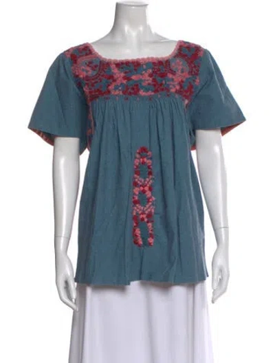 Pre-owned Mi Golondrina Floral Print Square Neckline Blouse In Blue