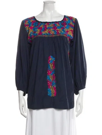 Pre-owned Mi Golondrina Floral Print Square Neckline Blouse In Blue