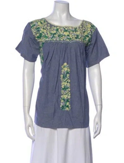 Pre-owned Mi Golondrina Floral Print Square Neckline Blouse In Blue