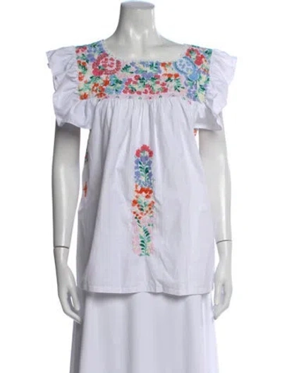 Pre-owned Mi Golondrina Floral Print Square Neckline Blouse In White