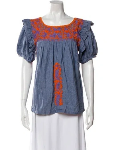 Pre-owned Mi Golondrina Floral Print Square Neckline Top In Blue