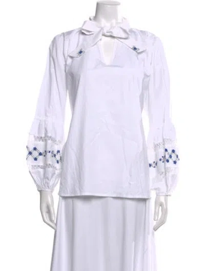 Pre-owned Mi Golondrina Floral Print V-neck Blouse In White