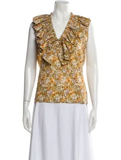 Pre-owned Mi Golondrina Floral Print V-neck Blouse In Yellow