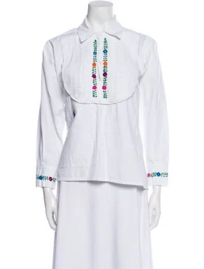 Pre-owned Mi Golondrina Graphic Print Three-quarter Sleeve Button-up Top In White