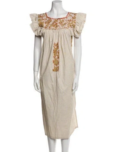 Pre-owned Mi Golondrina Plaid Print Midi Length Dress In White