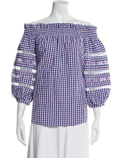 Pre-owned Mi Golondrina Plaid Print Off-the-shoulder Blouse In Blue